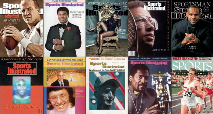 From left to right, top to bottom: Peyton Manning, Muhammad Ali, Serena Williams, Arthur Ashe, LeBron James, Michael Jordan, John Wooden and Billie Jean King, Sandy Koufax, Bill Russell, Roger Bannister.